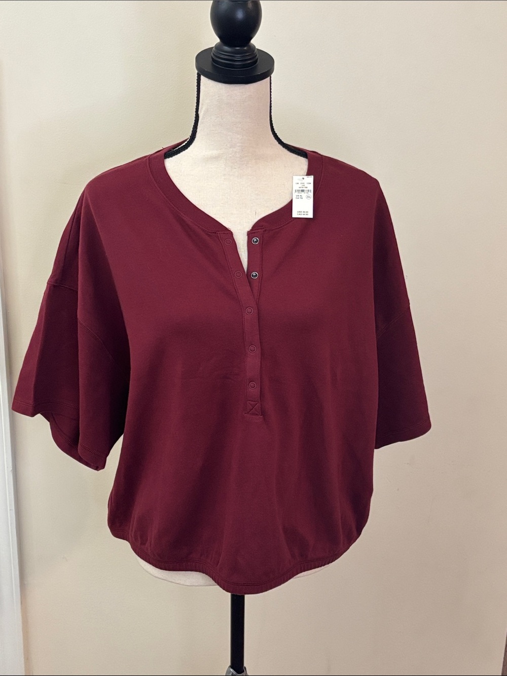 Aerie Elastic Waist Short-Sleeve Henley Top - Burgundy size XL
